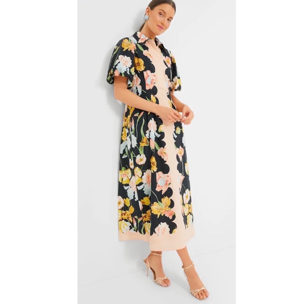 Tuckernuck Moonlit Iris Delaney Dress Black Floral Puff Sleeve Midi Size Small - Picture 2 of 3